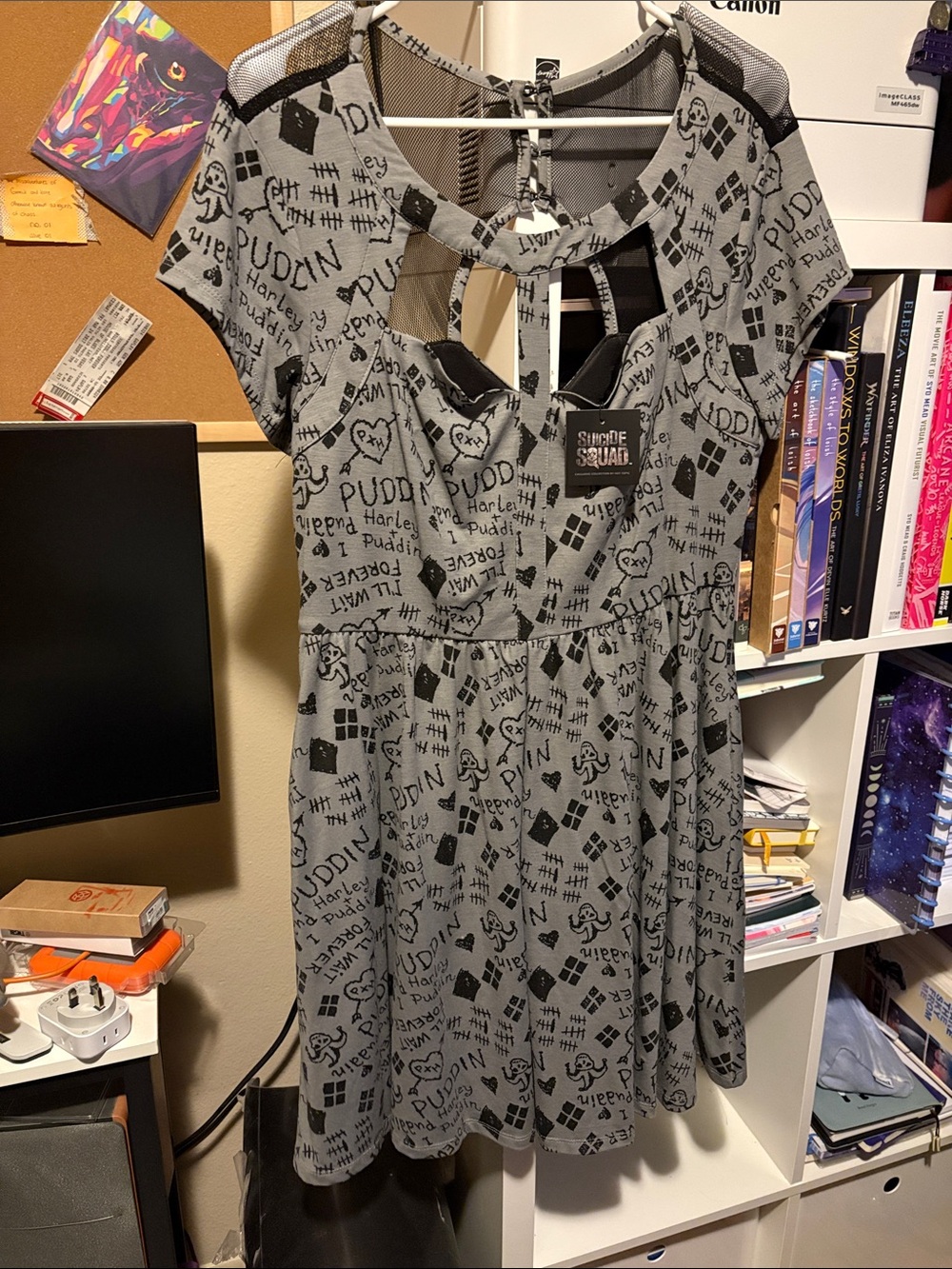 Hot Topic Gray Harley Quinn Print Cutout Skater Dress